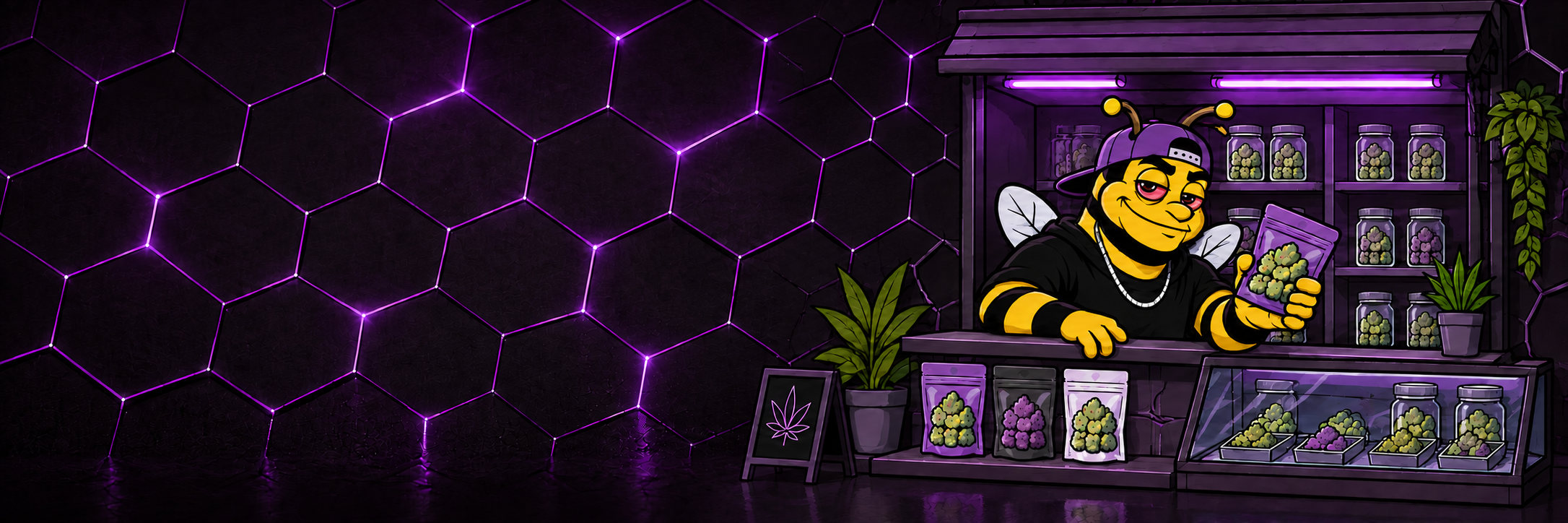 Abeille et alvéoles dans l’univers noir, prune et violet OGCBD+